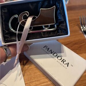 Pandora Silver Sleigh Ornament with Pink Ribbon 2010 Limited Edition